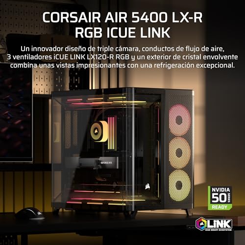 Miniatura 2 de CORSAIR Air 5400 LX-R RGB iCUE Link Caja de PC de Torre Media – Negro | Diseño de Triple Cámara, Panorámica, 3 Ventiladores LX-R RGB Reverse-Rotor preinstalados
