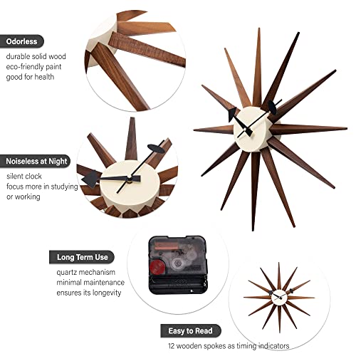 Aurtem Mid Century Wall Clock - Wooden Starburst Clock Replica George Nelson Sunburst Clock For Decorative Office Wall Living Room (Walnut 19") #TOP5