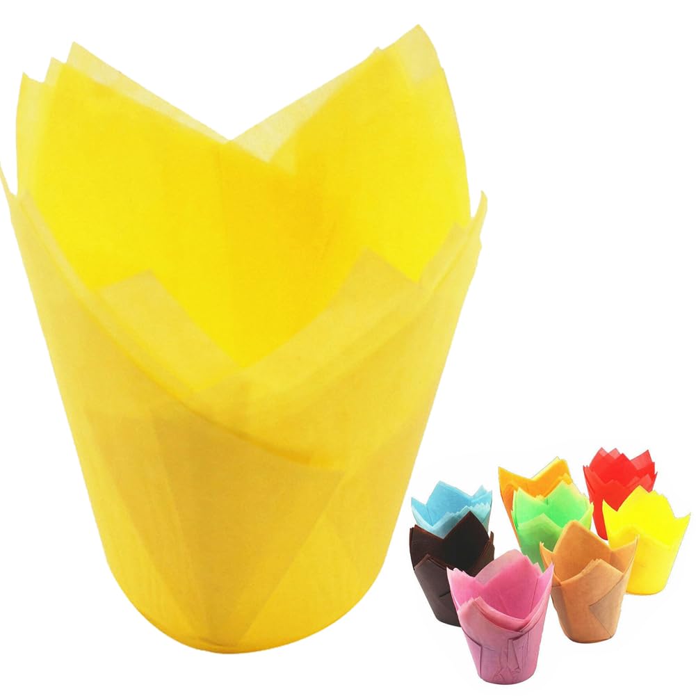 Van Der Linn Pack of 25 Tulip Muffin Cases for Baking, 5cm Diameter Non-Stick Paper Cupcake Wraps Cups (Yellow)