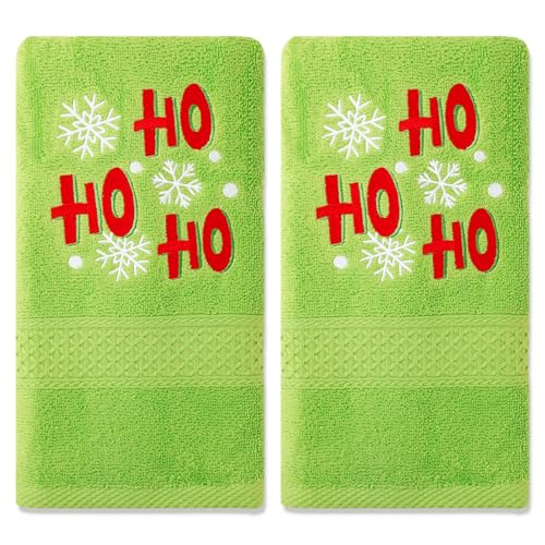 JarThenaAMCS 2Pcs Green Christmas Hand Towels for Bathroom Funny Cartoon Bath Towels Snowflake Embroidered Cotton Towel for Xmas Holiday Winter Home Kitchen Bathroom Decor Gift