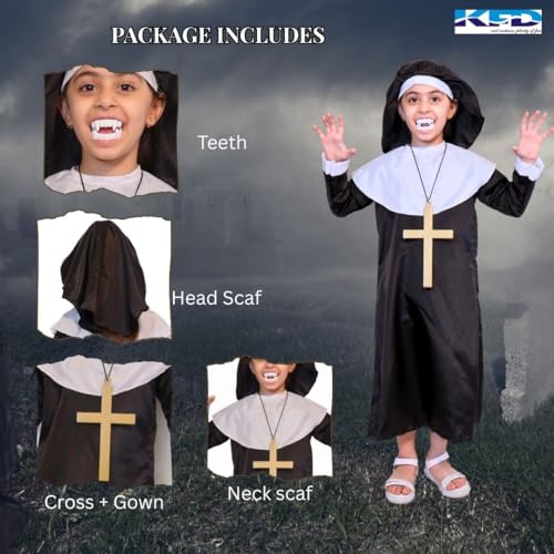 Image of Kaku Fancy Dresses Evil Nun Costume For Halloween Scary Cosplay Outfit Haunted House - Black, 3-4 Years, Girls