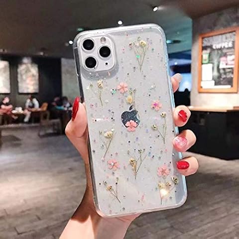 YTanazing iPhone 11 Flower Case, Soft Clear Flexible Rubber Pressed Dry Real Flowers Case Girls Glitter Floral Cover for iPhone 11 6.1 inch- Pink Flowers Cover