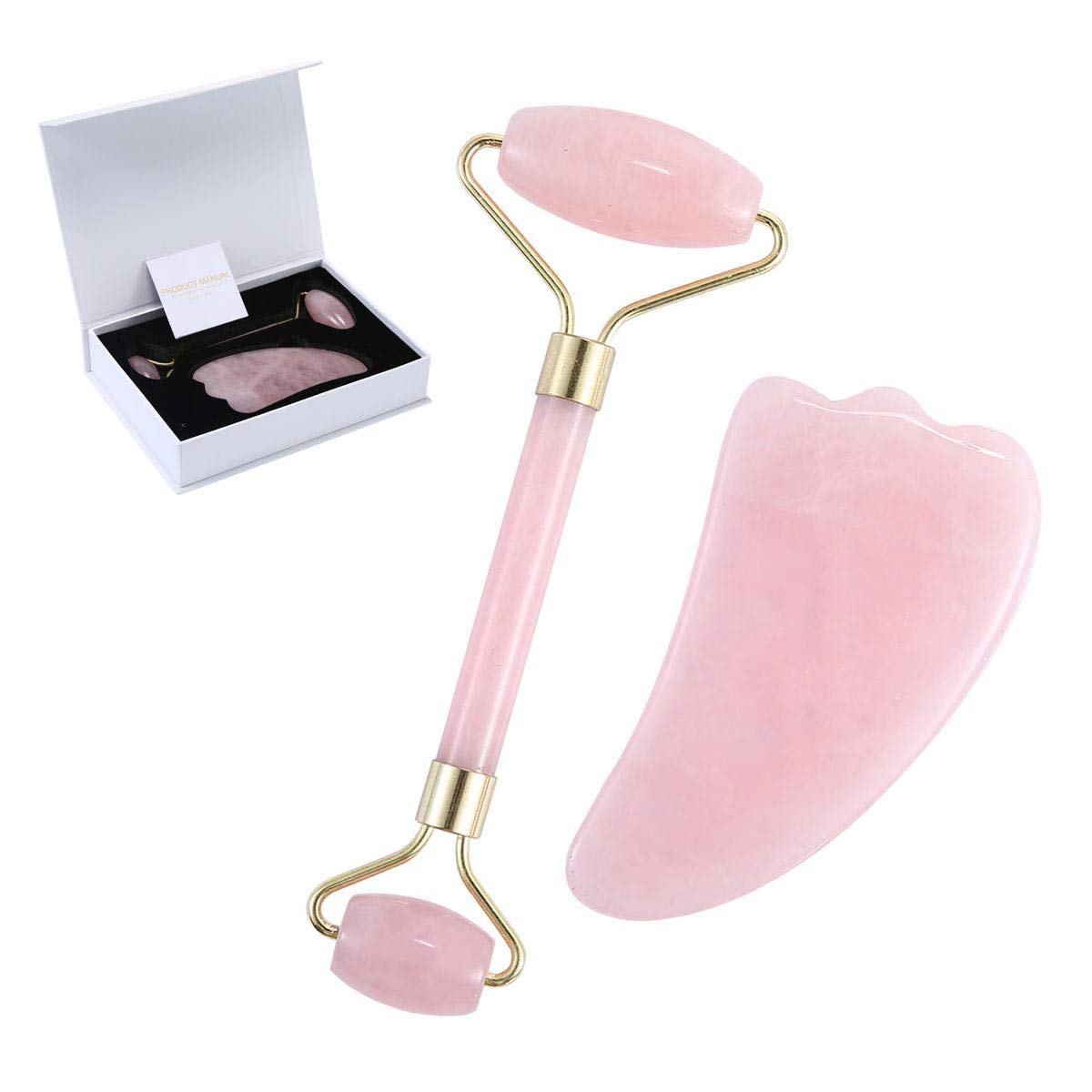 Jade Roller for Face, Real Natural Gua Sha Tools Set - Anti Aging Facial Massager, No Squeaks Tool for Skin Rejuvenate Therapy Puffiness Treatments, Massage, Anti Aging, Exfoliation, Puffiness