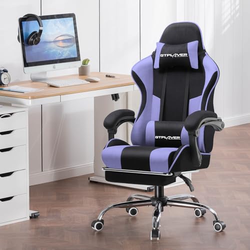Image of GTPLAYER Fabric Gaming Chair, Office Chair, Massage Gaming Chair, Ergonomic Gamer Chair with Footrest, Headrest, Massage Lumbar Cushion, Padded Gaming Chair, Swivel Chair, Purple