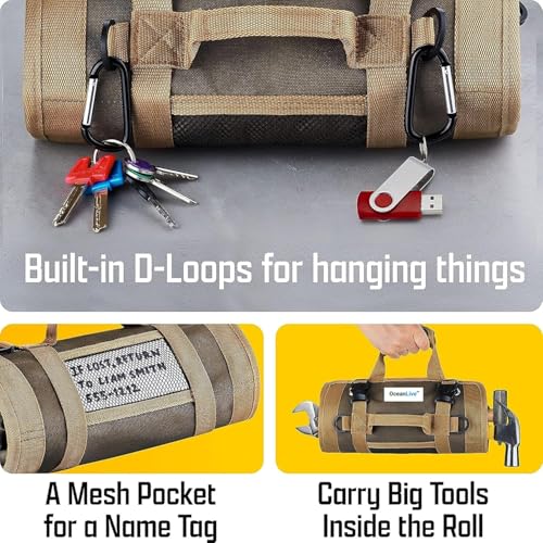Image of OceanLive Roll Up Tool Bag 7 Pockets Heavy Duty 1680D Oxford Polyester Water Resistant Tool Kit Bag for Electrician Service Engineer with Detachable Pouches Shoulder Strap Sea Green