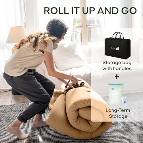 Image of ZonLi Japanese Floor Futon Mattress Twin Size 75 inchx 39 inch, 100% Cotton Cover 2.5'' Thicken Tatami Mattress, Foldable Sleeping Pad, Portable Dormitory Tatami Mat, Roll Up Floor Lounger Bed for Adult