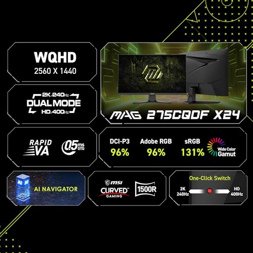 msi MAG 275CQDF X24 27-inch 2560 x 1440 (QHD) Gaming Monitor, Adaptive Sync, Dual Mode with WQHD 240Hz and HD 400Hz, HDR Ready, HDMI, VGA Port, VESA Mountable, Tilt, 4-Side Slim Bezel, 0.5ms, Black by msi - Image 2