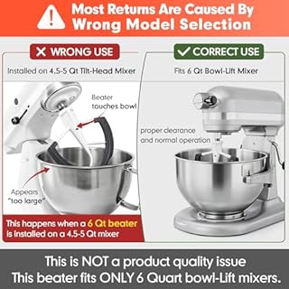 Flex Edge Beater Compatible with KitchenAid 5.5-6 Quart Bowl-Lift Stand Mixers, 6QT Paddle Attachment Replacement with Silicone Scraper, Heavy Duty Mixer Accessories, Dishwasher Safe