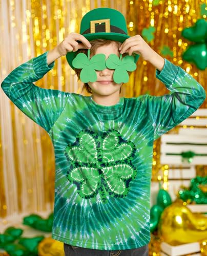 Image of Unisex Kids St. Patrick's Tie Dye Irish Clover Long Sleeve Shirt Shamrock Green Sweatshirt 6-14 Years