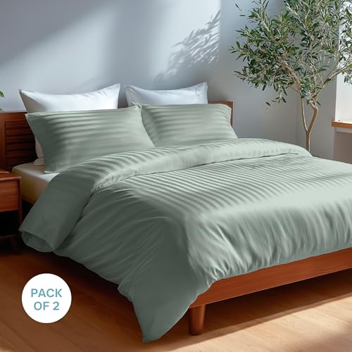 Image of Blue Dahlia 100% Cotton, Standard Size Pillow Covers (18 inch x 28 inch), Set of 2 Pillow Covers, Silky Smooth Feel, 300TC Self Striped Premium Pillow Covers,Colour: Sage Green