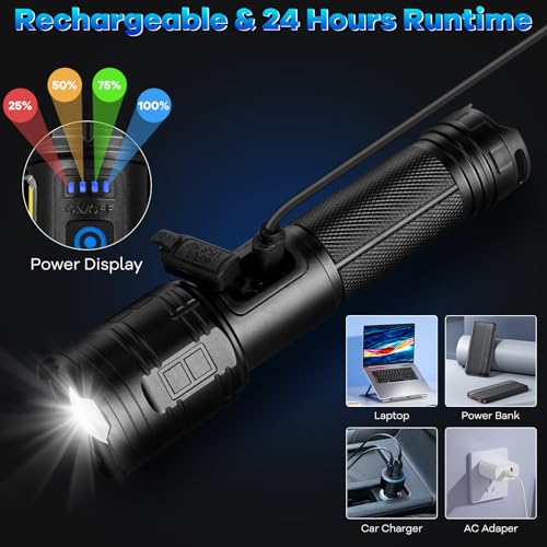 Rechargeable Flashlights 90,000 High Lumens - 2 Pack, Super Bright Flash Light with 7 Lighting Modes, 24H Long Life Powerful Flashlight with Side Light, IPX7 Waterproof Flashlight for Camping Home - Image 3