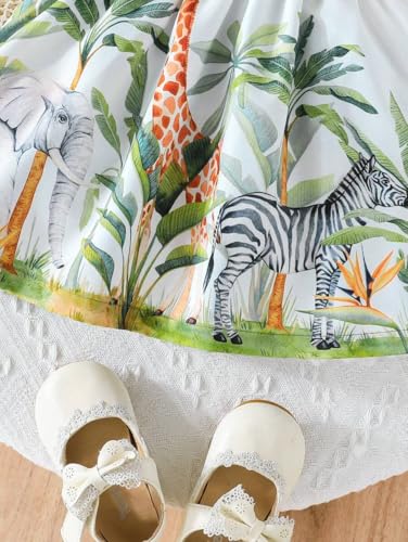 Image of Girls Fit & Flare Dress with Bow | Ribbed Short Sleeve Top & Printed Flared Skirt | Butterfly Floral /Jungle Safari Print | Casual Frock for Kids (9M-4Y)(DW-235)