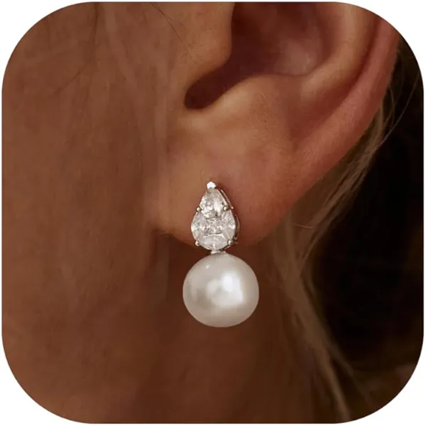 Fwlisesa Pearl Earrings for Women, 14k Gold Plated CZ Formal Pearl Stud Earring Hypoallergenic Gold Earrings for Women Trendy Dainty Bridal Pearls Drop Earrings Fashion Wedding Jewelry