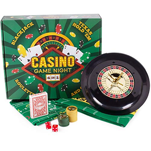 Brybelly Casino Night 4-In-1 Complete Game Set With Felts, Wheel, 100 Chips, Dice & Cards For Blackjack, Craps, Roulette & Texas Hold'em - Green Felt Double Sided Casino Tabletop Gaming Mat #TOP6