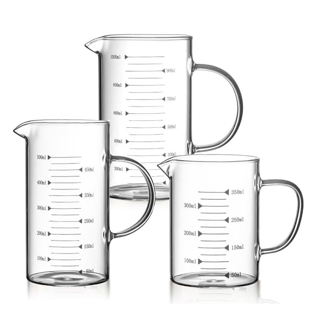 3-pak szklanych kubków z miarką, 350 ml, 500 ml i 1000 ml, kubki do pomiaru płynów z uchwytem, do pieczenia, gotowania, mieszania i pomiaru