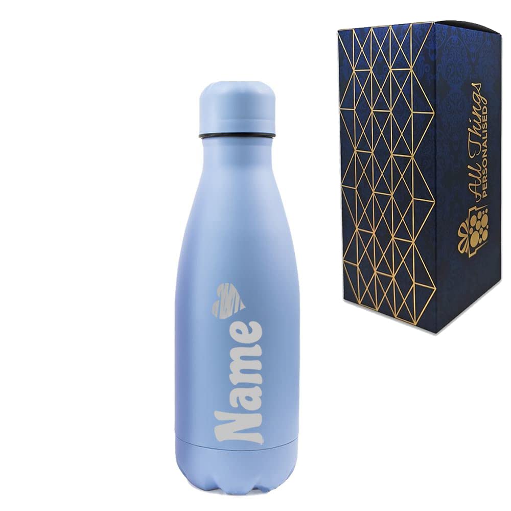 Personalised Engraved Blue 350ml Thermal Bottle, Personalise with Any Name with Heart