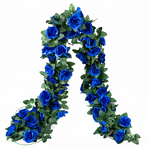 OWPFJG 2 Pack (16FT) Artificial Rose Vine Fake Flowers Garland Hanging Silk Rose Ivy Plants Vine for Fathers Day Wedding Arch Party Garden Home Aesthetic Art Dcor (Royal Blue)
