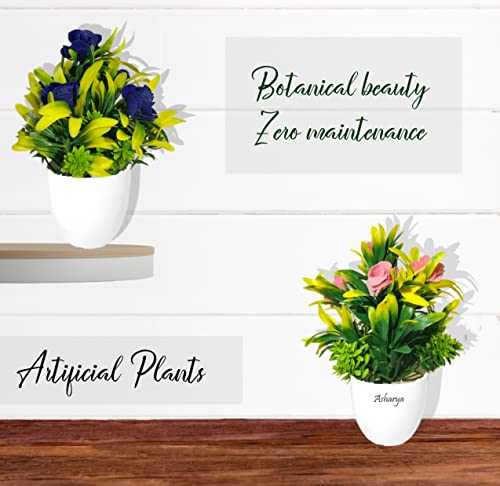 Image of Artificial Flower Plants for Home Decor - Set of 4 Mini Potted Plants (7 Inch) in White Pots | Pink, Yellow, Red & Blue Faux Flowers for Living Room, Office, Indoor Outdoor Decoration