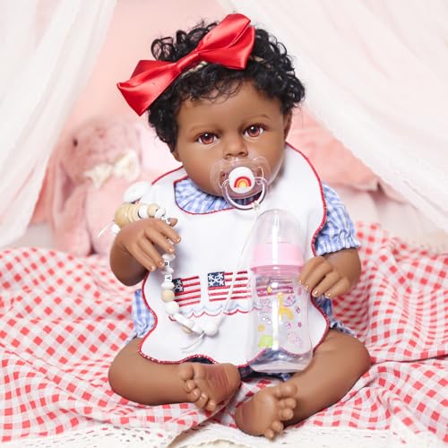 Image of KSBD Lifelike Reborn Baby Doll Black - 18-Inch Realistic African American, Weighted Newborn Real Life Handcrafted Baby with Soft Body, American Flag Outfit and Accessories Gift Set for Kids Age 3+