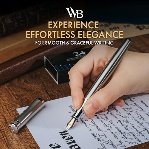 Image of Wordsworth & Black Luxury Fountain Pen Set for Writing, Bent Nib, Silver | Gift for Men & Women, Brass Body, German Iridium, Calligraphy, Converter + 24 Ink Cartridges, Refillable, Leak-Free