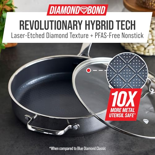Image of Blue Diamond Hybrid Nonstick Stainless Steel 4QT Saute Pan with Glass Lid, PFAS-Free Ceramic Diamond Bond, Deep Jumbo Skillet, Induction Ready, Dishwasher & Metal Utensil Safe, Stay-Cool Handle