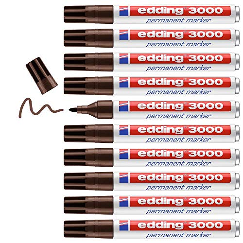 edding 3000 Permanentmarker - dunkel-braun - 10 Stifte - Rund-Spitze 1,5-3 mm - schnell trocknender Permanent Marker - wasserfest, wischfest - für Karton, Kunststoff, Holz, Metall - Universalmarker
