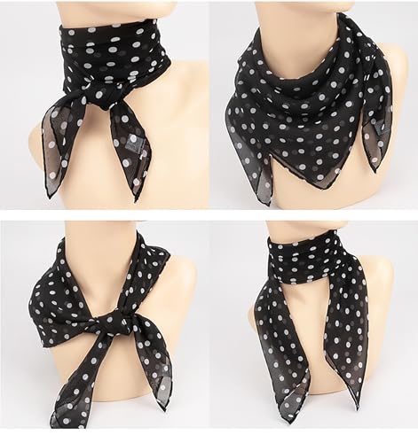 1950s Polka Dots chiffon scarf for Women - White and Black Polka Dot 50s Neck Head Square Scarf4