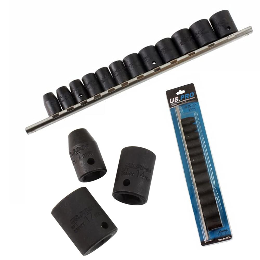 Us Pro 12Pc 3/8''Dr Shallow Impact Sockets On Rail Metric 8-19Mm 6 Point Socket