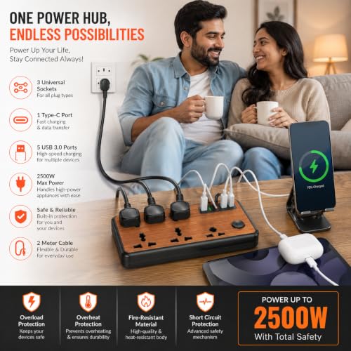 Image of MD Proelectra Premium Wooden Finish Extension Board with 3 Universal Sockets, 5 USB Ports, 1 Type-C, 2500W Power Strip with LED Display and Master Switch, Multi Plug Board for Home & Office