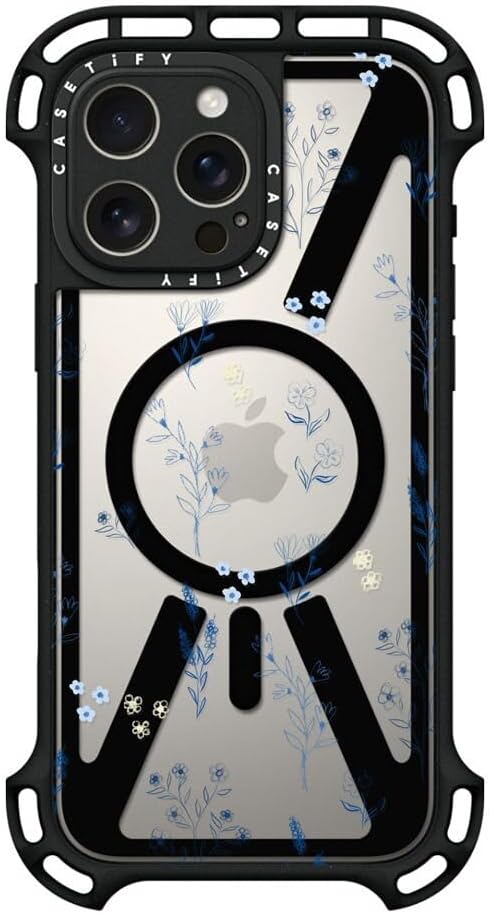 CASETiFY Ultra Bounce Case for iPhone 16 Pro Max [Shockproof / 32.8 ft. 10X Military Grade Drop Protection/Compatible with Magsafe] - Small Blue Flowers - Clear Black