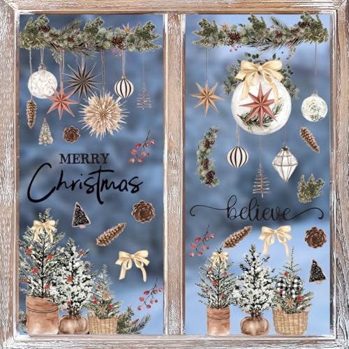 Horaldaily 45 PCS Christmas Window Cling Sticker, Brown Xmas Trees Ball Ornaments for Home Party Supplies Shop Window Glass Display Decoration