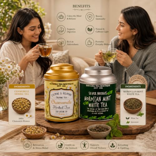 Image of Sancha Tea Boutique, Combo Pack: Chamomile Flower Herbal, 50g & Moroccan Mint White Tea, 25g Loose Leaves, Pure Silver Needle