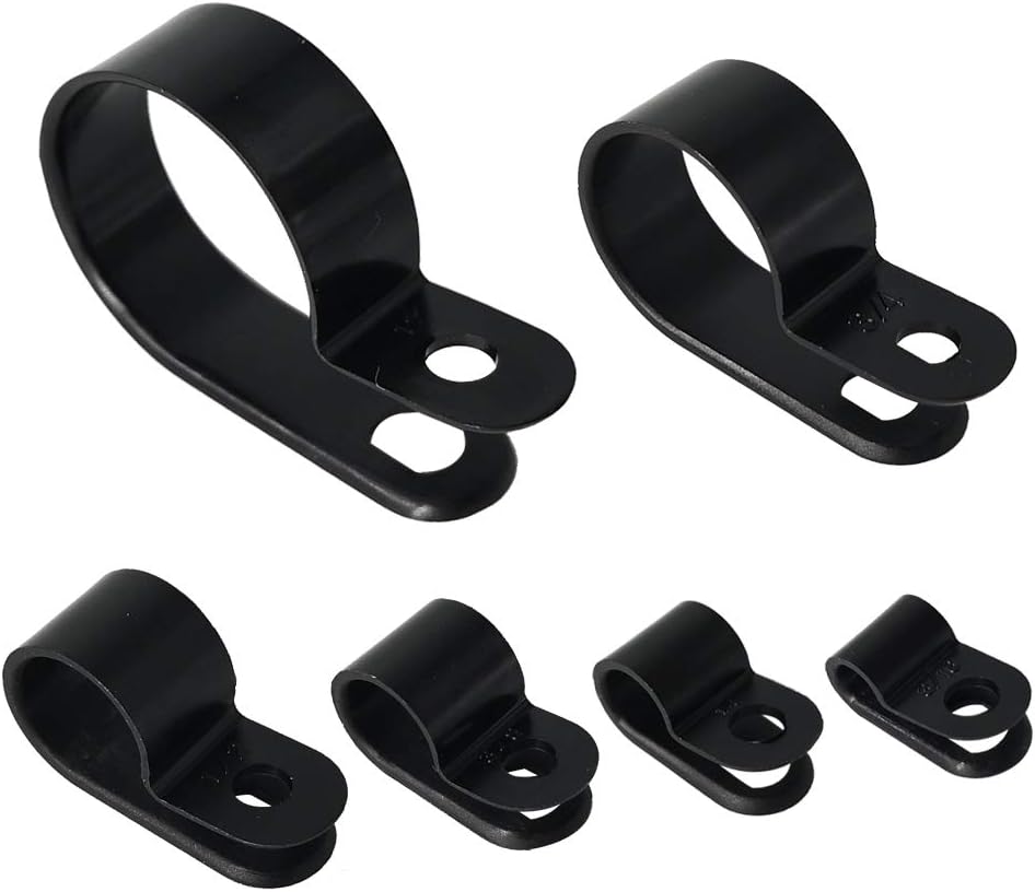 Cable Clamp 200 Pcs Black Nylon Screws Plastic R-Type Cable Clamp Clips Fasteners Assortment for Cable Conduit 6 Sizes 3/16" to 1"
