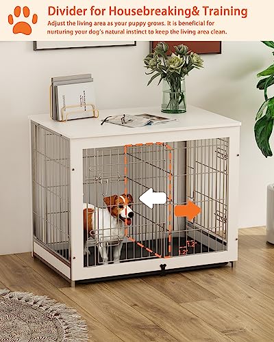Piskyet Wooden Dog Crate Furniture with Divider Panel, Dog Crate End Table with Fixable Slide Tray, Double Doors Dog Kennel Indoor for Dogs(M:31.8" L*22.1" W*26.3" H,White) - Image 5
