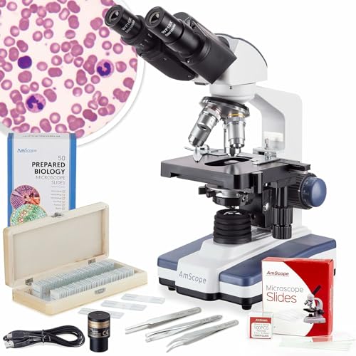 Image of AmScope - 40X-2500X LED Binocular Compound Microscope with 3D Stage, 5MP Digital Camera, 50-Piece Prepared Slides Set, and 3-Piece Precision Tweezers Set - VB-B120C-PRO