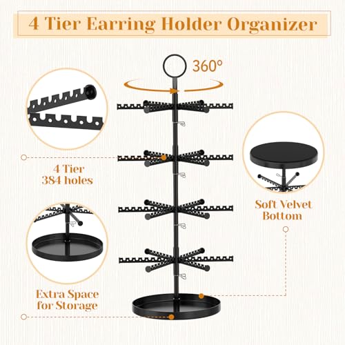 Image of MODOWEY 4 Tier Metal Rotating Earring Holder Organizer Stand Adjustable Display Tree for Women, 384 Holes and Grooves Rack Tower for Pierced Dangle, Large Capacity Space-Saving Jewelry Hanger, Black