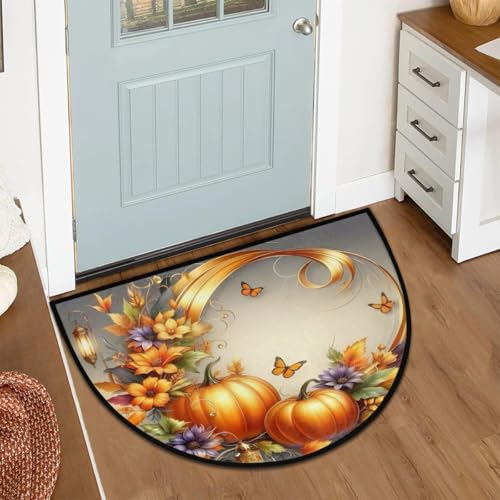 Image of Half Round Door Mat Autumn Butterfly Flower Pumpkin Non-Slip Semi Circle Area Rug Washable Half Moon Hearth Rugs for Indoor Outdoor Bathroom Kitchen Patio Runner Mat Laundry Room Home Decoration