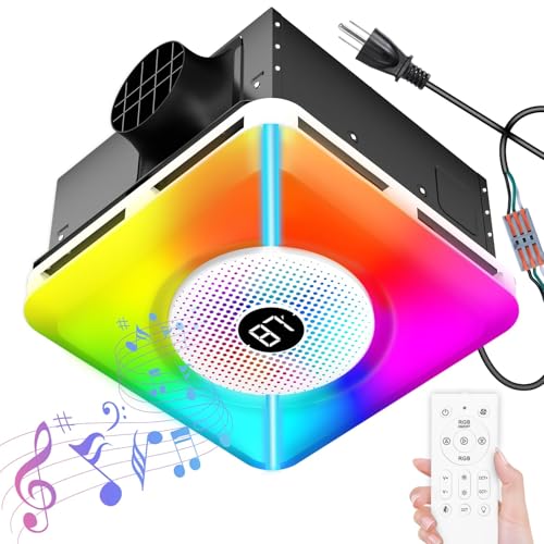 Bullro Bathroom Exhaust Fan with Bluetooth Speaker and Light Plug & Play Installation 230 CFM/1.5 Sone Bathroom Vent Fan 7 RGB Lighting and 3 Music Rhythms Remote Control 3000K-6500K Adjustable