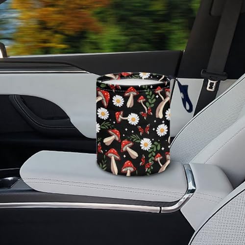 Image of Car Trash Garbage Can Mushroom Daisy Leaves Print Reusable Portable Car Garbage Bin Easy to Clean Collapsible Waste Multipurpose Bin Car Accessories Interior