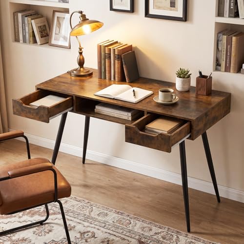 Image of Tangkula Mid Century Modern Computer Desk, Writing Desk with 2 Drawers & Open Center Storage, Small Wooden Study Table for Home Office & Compact Spaces (Rustic Brown)