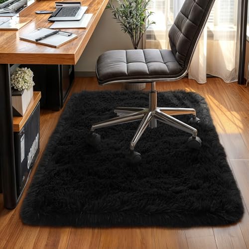 Small Bedside Rug, 2x3 Non Slip Fluffy Shaggy Entryway Throw Rugs for Bedroom Living Room, Indoor Floor Carpet for Kids Girls and Boys, Nursery Rooms Mat, Home Decor Aesthetic, Black