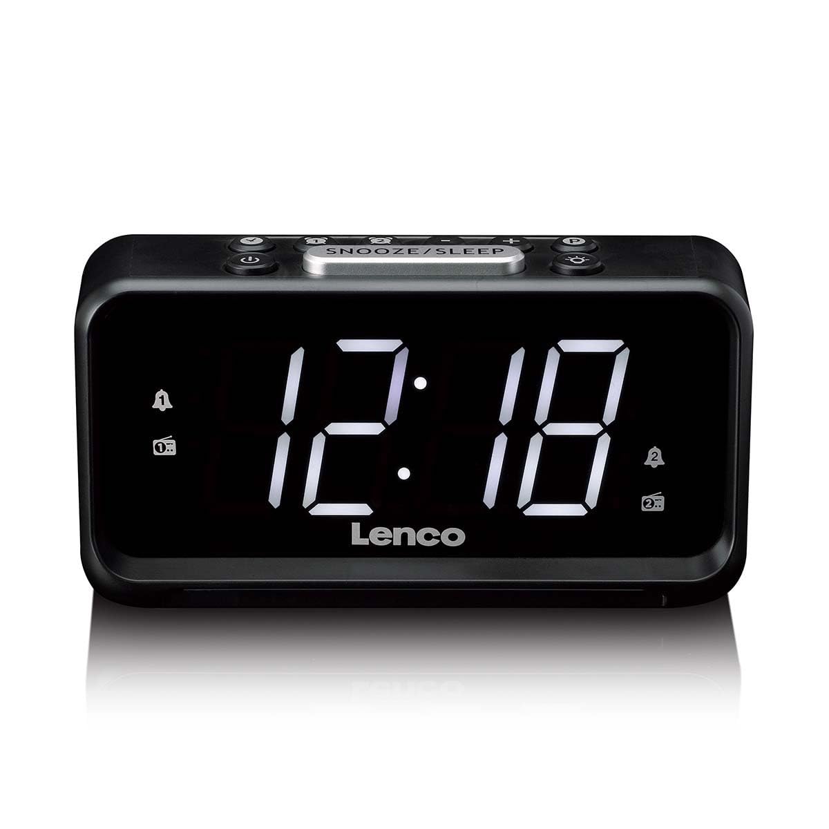 Lenco Radio Despertador con Pantalla LED, 18 x 9,7 x 7,8 cm, Negro, Digital, Doble Alarma, luz Nocturna, Carga USB, alimentación de Red