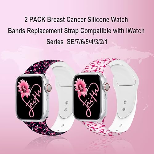 2 Pack Breast Cancer Awareness Watch Bands Compatible with Apple Watch 38mm 40mm 41mm Women Men Gifts, Soft Silicone Sport Wristbands Replacement Strap for iWatch SE/Series 7/6/5/4/3/2/1