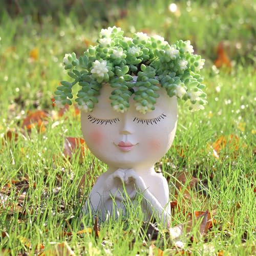 Face Planter Pot with Heart Hands Resin Head Planter for Indoor Plants Cute Succulent Pots with Drainage Hole Gardening Gifts for Women Mom Teacher 7.3 Home Decor (White)