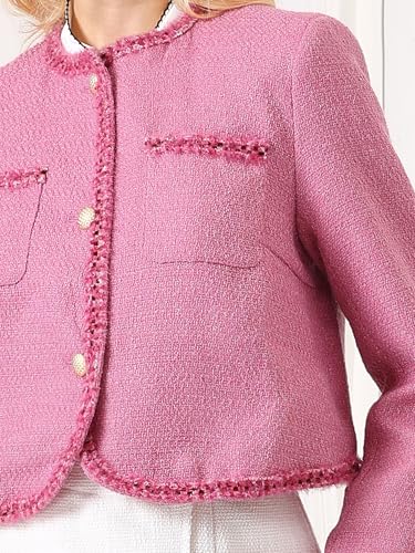 Women's Tweed Blazer Button Down Long Sleeve Open Front Business Casual Cropped Jacket4