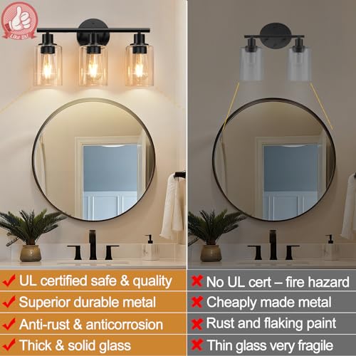 Image of Zarbitta 3-Light Bathroom Light Fixtures, Black Modern Vanity Lights with Amber Glass Shades, Bathroom Wall Lamp for Mirror Kitchen Living Room Hallway Cabinet Porch