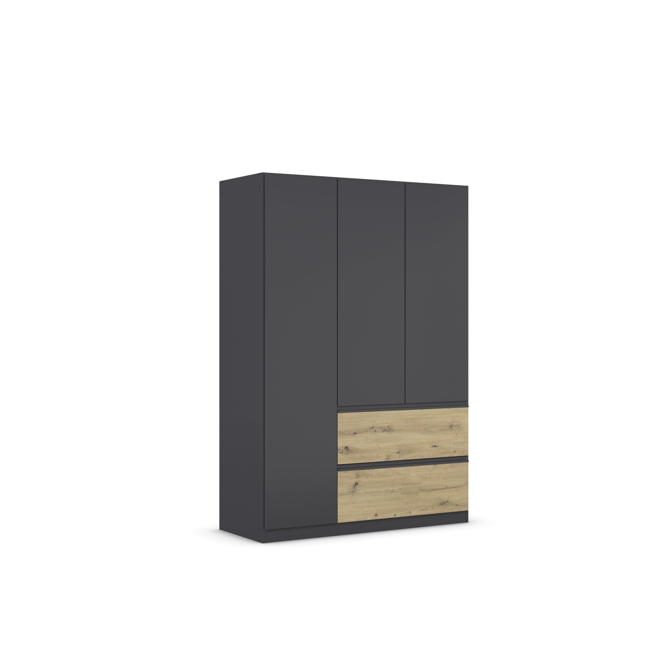 Rauch Möbel Costa, Kleiderschrank für Schlafzimmer, Kinderzimmer, Babyzimmer, Garderobe, Flur, 3-türig, 2 Schubladen, Push-to-Open, mit Zubehör Classic, Farbe Grau metallic, Schwarz, Breite 136 cm