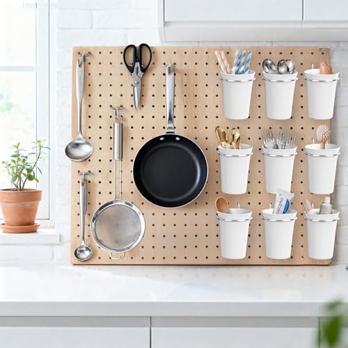 Image of Pegboard Cups With Loops, 9 Pack White Peg Board Pencil Holder Organizer | 1 /8 inch 1 /4 inch Pegboard Accessories, Plastic Hanging Organizer Cups, Tool Organizer Set for Garage Craft Workshop Hobby Storage