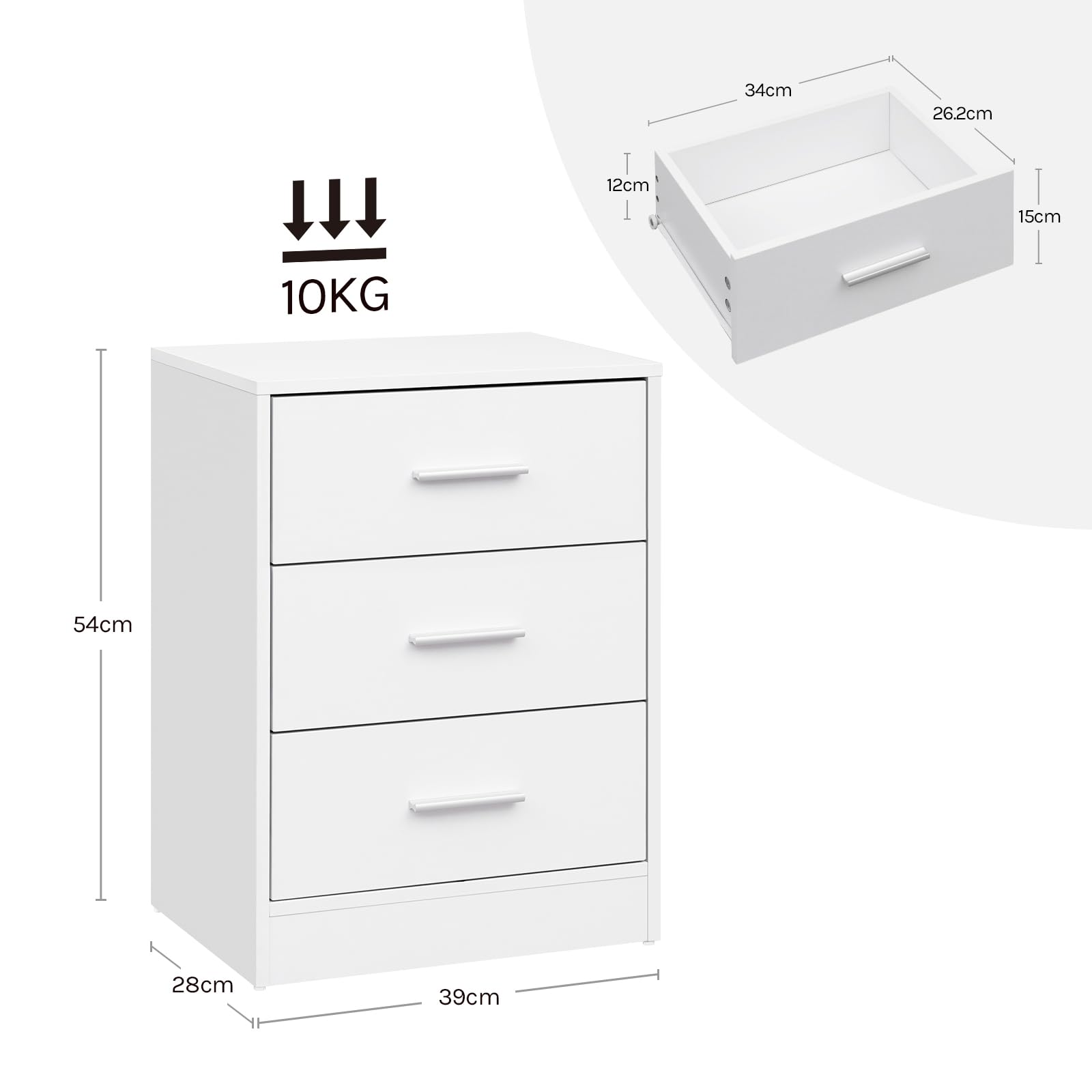 WOLTU Set di 2 Comodini Moderni con 3 Cassetti, Grande Capacità, Tavolino da Letto per Camera da Letto, Soggiorno e Ufficio, 39x28x54cm, Bianco, NTS26hei-2