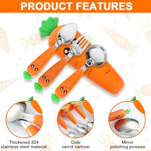 Image of Supvox Spoon and Fork Set with Case, Fork and Serrated Puree Spoon, Cute Cartoon Carrot Handle Design, with Carrot-Shape Storage Case